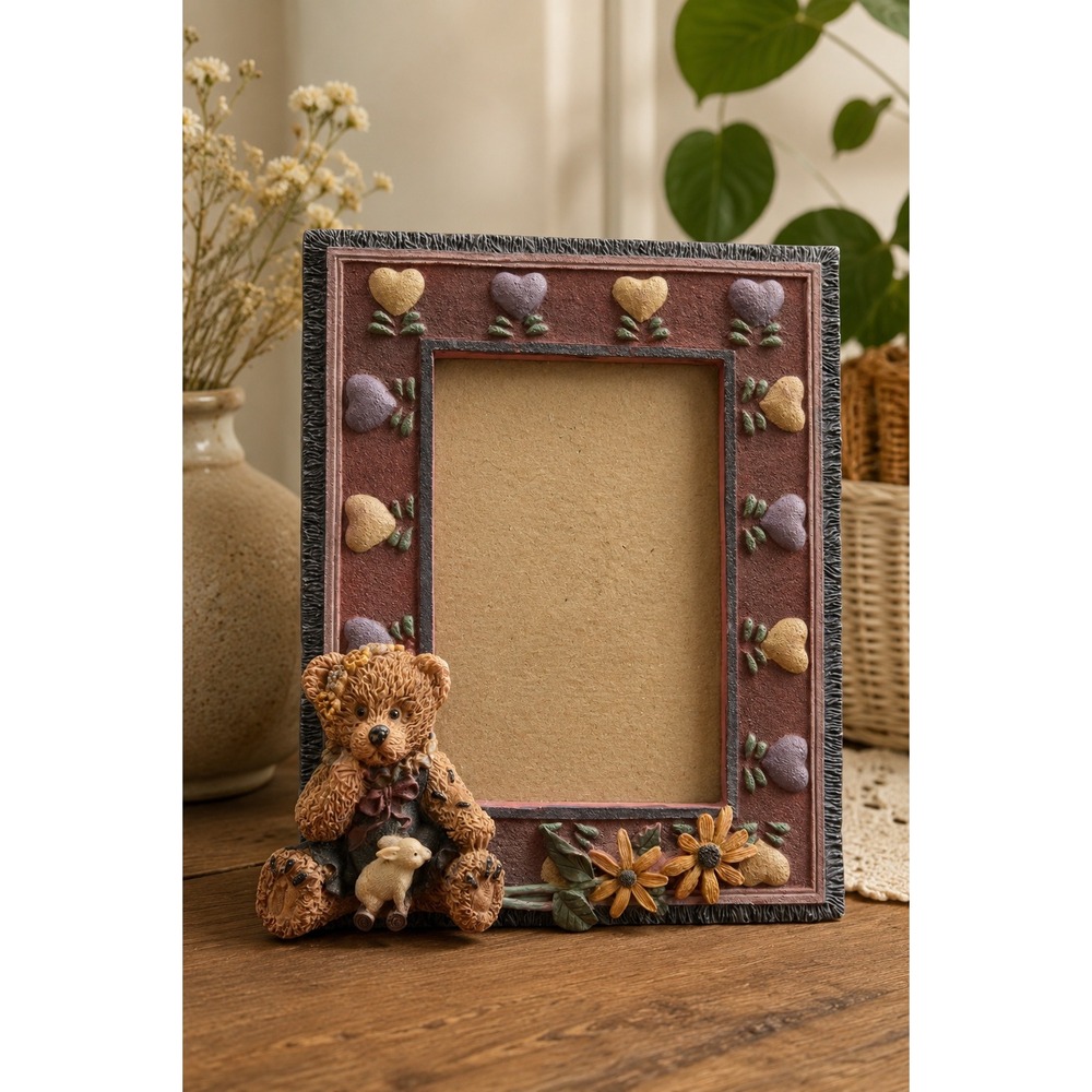 Teddy Bear Bunny Resin Photo Frame Hearts Flowers Nursery Cottage Decor